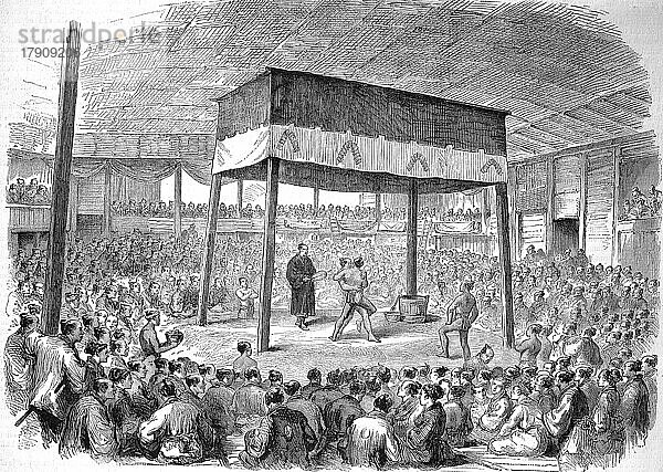 Ringer bei einem Wettkampf in Osaka  1868  Japan  Historisch  digital restaurierte Reproduktion einer Originalvorlage aus dem 19. Jahrhundert  genaues Originaldatum nicht bekannt  Asien