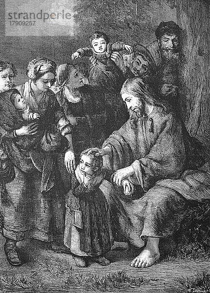 Jesus Christus segnet die Kinder  nach einem Motiv von Rembrandt  Historisch  digital restaurierte Reproduktion einer Vorlage aus dem 19. Jahrhundert