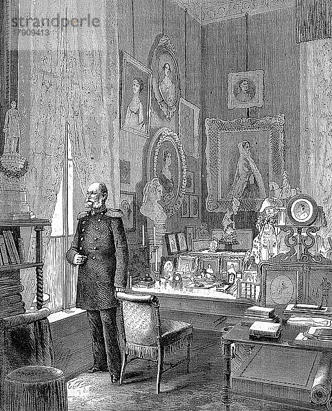 Das Arbeitszimmer von König Wilhelm I. im Königlichen Palast in Berlin  1869  Deutschland  Historisch  digital restaurierte Reproduktion einer Originalvorlage aus dem 19. Jahrhundert  genaues Originaldatum nicht bekannt  Europa