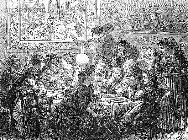 Das Fest der Könige  mit der Großfamilie am Tisch  1869  Frankreich  Historisch  digital restaurierte Reproduktion einer Originalvorlage aus dem 19. Jahrhundert  genaues Originaldatum nicht bekannt  Europa