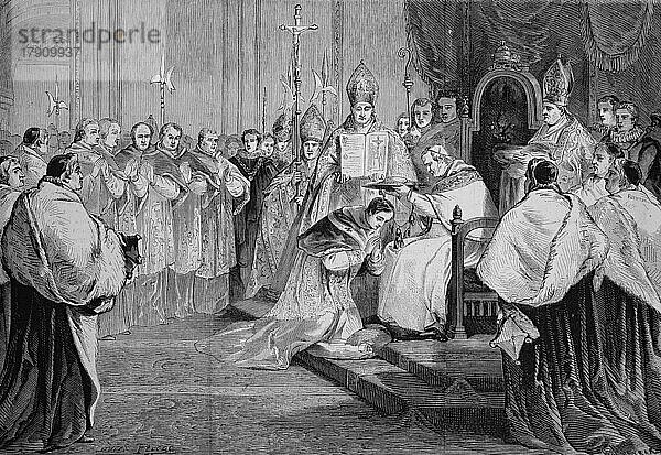 Papst Pius IX. überreicht Lucien-Louis-Joseph-Napoleon Bonaparte  4. Fürst von Canino und Musignano (15. November 1828) (19. November 1895) 1868 den Kardinalshut  Historisch  digital restaurierte Reproduktion einer Vorlage aus dem 19. Jahrhundert