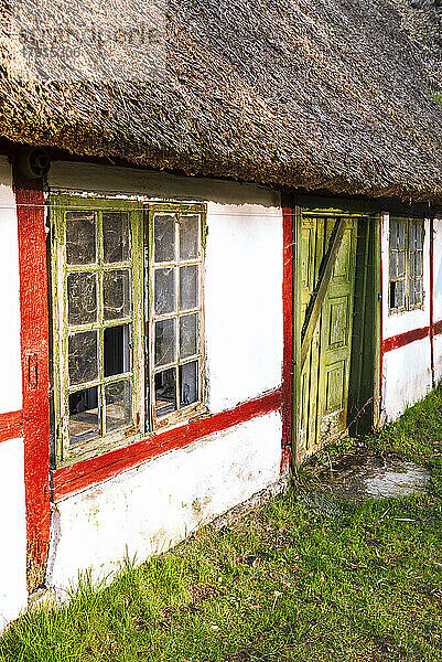 Detail eines traditionellen alten dänischen Bauernhauses mit Reetdach in der Landschaft von Seeland  Seeland  Dänemark  Skandinavien  Europa