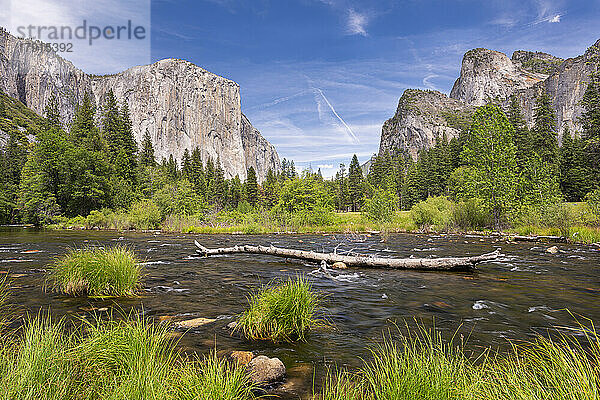 El Capitan und das Yosemite-Tal vom Merced River aus gesehen  Yosmeite-Nationalpark  UNESCO-Welterbe  Kalifornien  Vereinigte Staaten von Amerika  Nordamerika