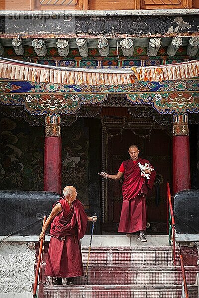 SPITUK  INDIEN  6. SEPTEMBER 2011: Tibetische buddhistische Mönche steigen die Treppe im Kloster Spituk hinauf. Ladakh  Indien  Asien