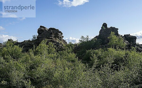 Gesteinsformationen aus Vulkangestein  Vulkanlandschaft Krafla  Dimmuborgir Lavafelder  Mývatn  Island  Island  Europa