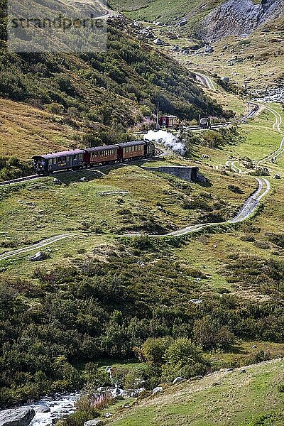 Dampfeisenbahn  Zug mit Dampflokomotive  Furka-Dampfbahn nahe Bahnhof Tiefenbach  Furkapass  Uri  Schweiz  Europa