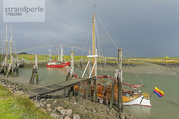 Traditionelle Segelschiffe und Fischkutter im Hafen  Süderhafen  Regenbogen  Deichvorland  friesische Fahne  Halbinsel Nordstrand  Nordsee  Nordfriesland  Schleswig-Holstein  Deutschland  Europa