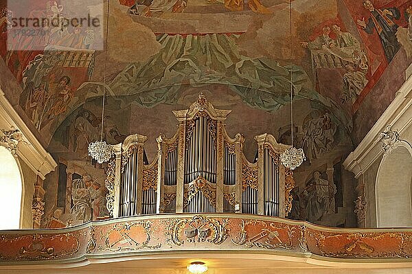 Innenansicht mit Orgel und Deckengemälde auf der Empore von der romanischen Muttergottespfarrkirche in Aschaffenburg  Unterfranken  Franken  Spessart  Bayern  Deutschland  Europa