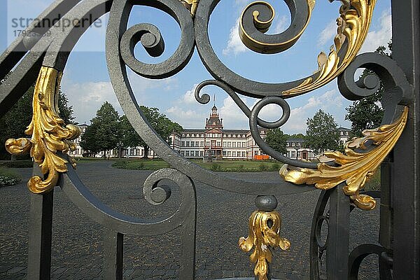 Blick durch goldene Metallgitter zum Schloss Philippsruhe  Verzierung  Detail  Kesselstadt  Hanau  Hessen  Deutschland  Europa