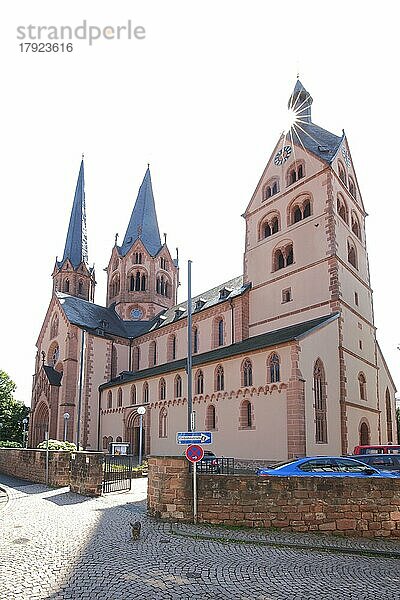 Romanische gotische Marienkirche im Gegenlicht und Wahrzeichen von Gelnhausen  Hessen  Deutschland  Europa