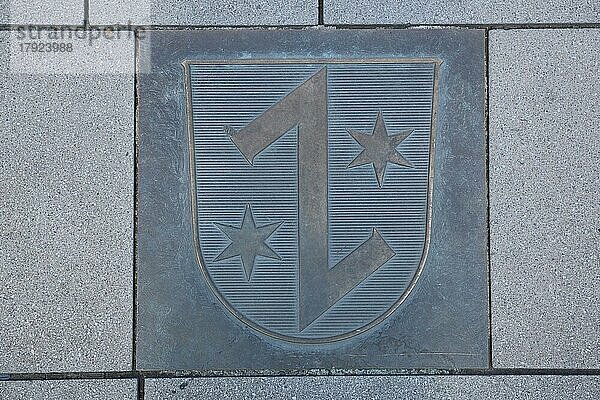 Stadtwappen mit Zeichen Z und zwei Sterne am Boden  Bahnhofsplatz  Rüsselsheim  Hessen  Deutschland  Europa