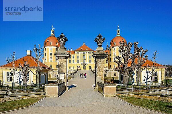 Malerischer Blick von Süden auf Schloss Moritzburg in Moritzburg bei Dresden  Sachsen  Deutschland  Europa