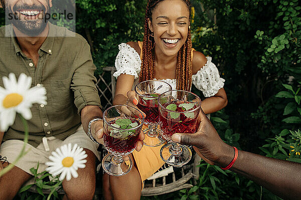 Fröhliche männliche und weibliche Freunde stoßen bei einer Gartenparty mit Getränken an
