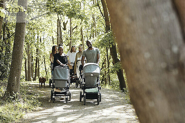 Eltern reden miteinander  während sie mit Kinderwagen auf dem Fußweg im Park spazieren gehen