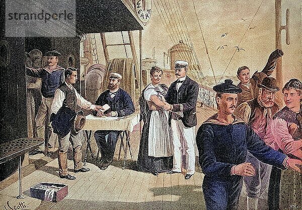 Impfung an Bord eines Ozeandampfers im Jahre 1884  Historisch  digital restaurierte Reproduktion einer Originalvorlage aus dem 19. Jahrhundert  genaues Originaldatum nicht bekannt