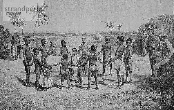 Negerkinder spielen Ringelreihen in der deutschen Kolonie Tansania  1880  Historisch  digital restaurierte Reproduktion einer Originalvorlage aus dem 19. Jahrhundert