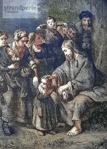 Jesus Christus segnet die Kinder  nach einem Motiv von Rembrandt  Historisch  digital restaurierte Reproduktion einer Originalvorlage aus dem 19. Jahrhundert  genaues Originaldatum nicht bekannt