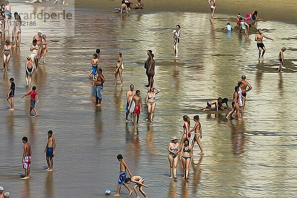 Blick von oben auf anonyme Menschenmenge  Spaziergänger  Touristen am Strand  Spaß im Sommer  Illustration  Biarritz  Frankreich  Europa