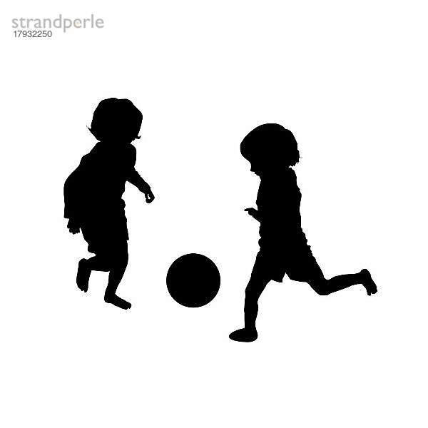 Vektor-Silhouette von Fußball spielenden Kindern  isoliert  gruppierte Objekte auf weißem Hintergrund