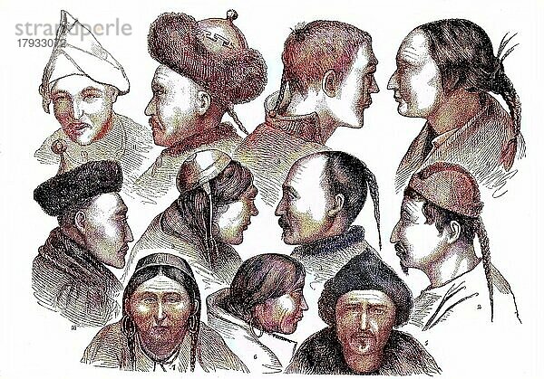 Verschiedene Typen der Menschen aus dem östlichen Sibirien  1869  Russland  Historisch  digital restaurierte Reproduktion einer Originalvorlage aus dem 19. Jahrhundert  genaues Originaldatum nicht bekannt  Europa