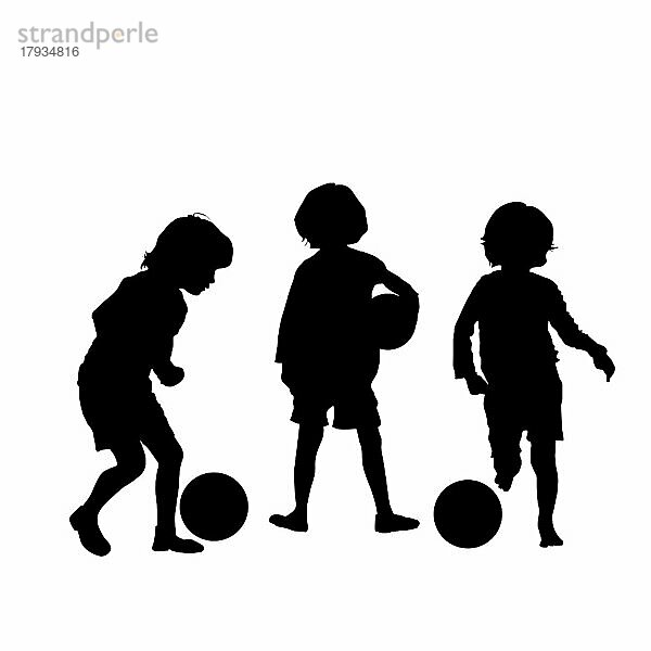 Vektor-Silhouette von Fußball spielenden Kindern  isoliert  gruppierte Objekte auf weißem Hintergrund