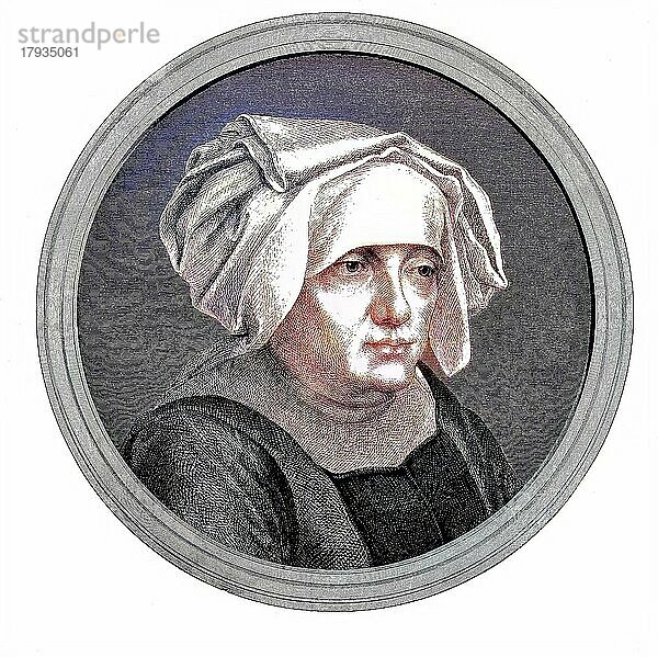 Margarethe Luther  geb. Lindemann  1459 bis 1531  Mutter von Martin Luther  historischer Holzschnitt  circa 1870  digital restaurierte Reproduktion einer Originalvorlage aus dem 19. Jahrhundert  genaues Originaldatum nicht bekannt  coloriert