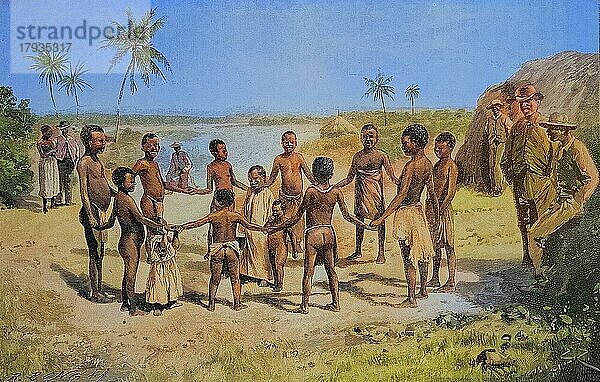 Negerkinder spielen Ringelreihen in der deutschen Kolonie Tansania  1870  Historisch  digital restaurierte Reproduktion einer Originalvorlage aus dem 19. Jahrhundert  genaues Originaldatum nicht bekannt