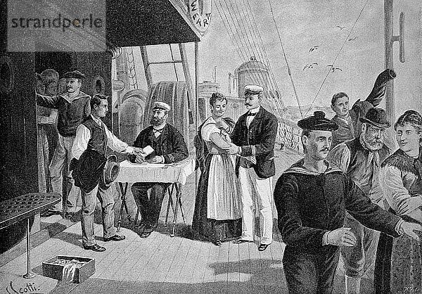 Impfung an Bord eines Ozeandampfers im Jahre 1884  Historisch  digital restaurierte Reproduktion einer Originalvorlage aus dem 19. Jahrhundert