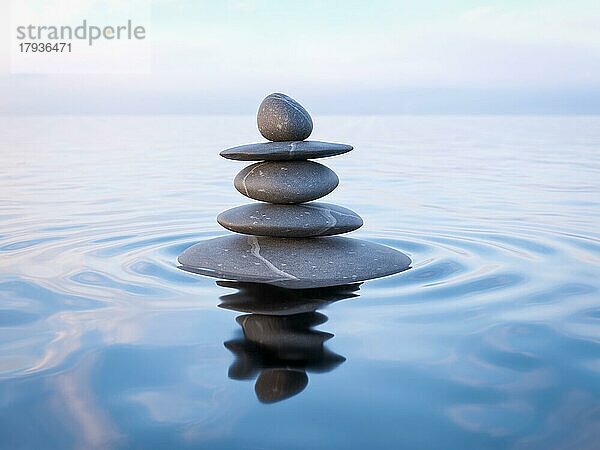 3d Rendering von Zen-Steinen im Wasser mit Reflexion  Frieden Gleichgewicht Meditation Entspannung Konzept