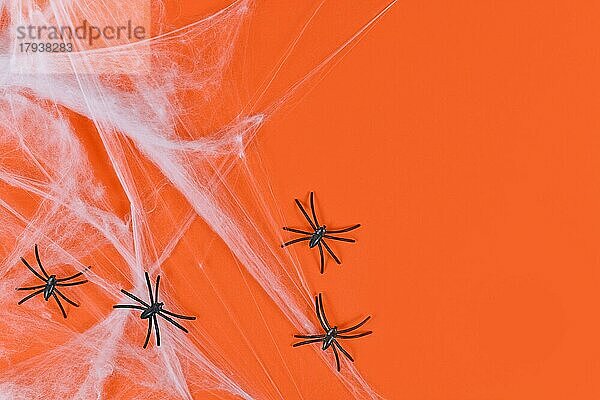Spinnennetz und Plastikspinnen auf orangefarbenem Halloween-Hintergrund mit leerem Kopierbereich