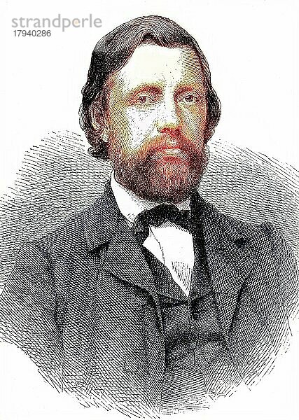 Carl Riedel  auch Karl Riedel  1827 bis 1888  ein deutscher Kapellmeister und Komponist  historischer Holzstich  1886  digital restaurierte Reproduktion einer Originalvorlage aus dem 19. Jahrhundert  genaues Originaldatum nicht bekannt  coloriert