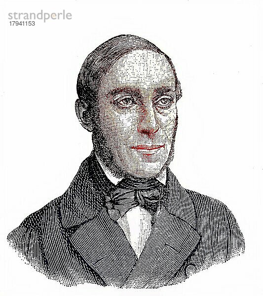 Karl Friedrich Wilhelm Mathy  1807 bis 1868  ein badischer Journalist und Politiker  historischer Holzstich  ca. 1880  digital restaurierte Reproduktion einer Originalvorlage aus dem 19. Jahrhundert  genaues Originaldatum nicht bekannt  coloriert