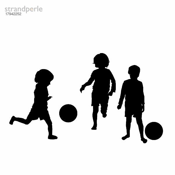 Vektor-Silhouette von Fußball spielenden Kindern  isoliert  gruppierte Objekte auf weißem Hintergrund