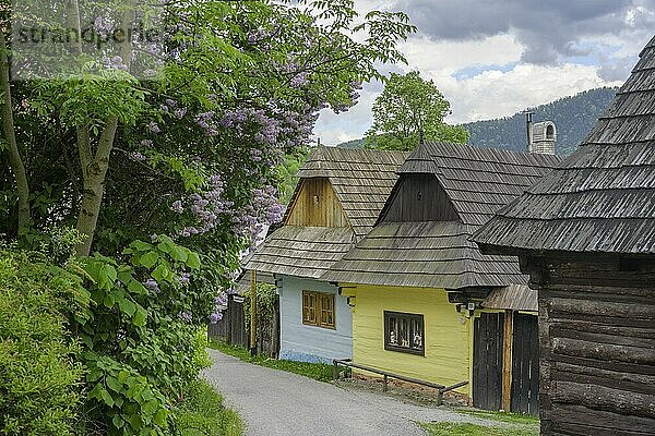 Bunt bemalte Holzhäuser im Dorf Vlkolinec  Unesco Welkulturerbe  Ru?omberok  ?ilinský kraj  Slowakei  Europa