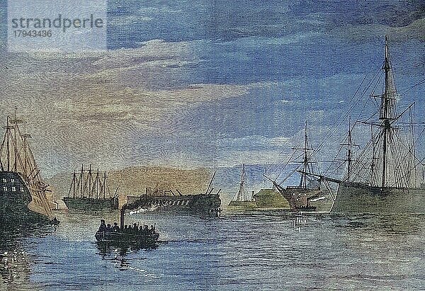 Nächtliche Hafenrundfahrt der Sicherheitswache durch den Hafen von Plymouth  1869  England  Historisch  digital restaurierte Reproduktion einer Originalvorlage aus dem 19. Jahrhundert  genaues Originaldatum nicht bekannt