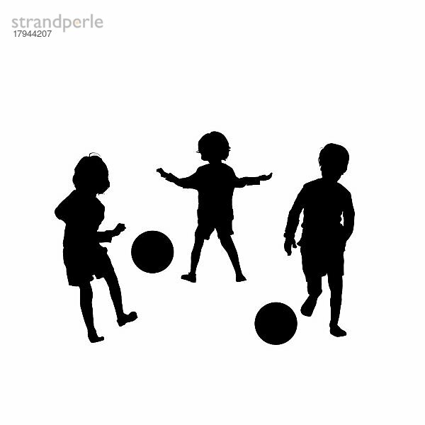 Vektor-Silhouette von Fußball spielenden Kindern  isoliert  gruppierte Objekte auf weißem Hintergrund