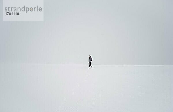 Einsame Frau umgeben von weißem Nebel in Schneelandschaft  Feldberg  Schwarzwald  Deutschland  Europa