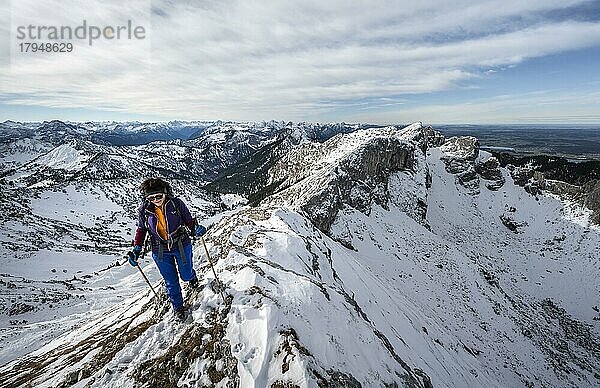 Bergsteigerin an einem felsigen verschneiten Grat  Wanderweg zur Ammergauer Hochplatte  Ausblick auf Bergpanorama  Hinten Gipfel Krähe  im Herbst  Ammergauer Alpen  Bayern  Deutschland  Europa