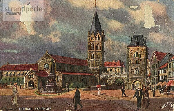 Karlsplatz und Lutherdenkmal in Eisenach  Thüringen  Deutschland  Ansicht um ca 1910  digitale Reproduktion einer historischen Postkarte  public domain  aus der damaligen Zeit  genaues Datum unbekannt  Europa
