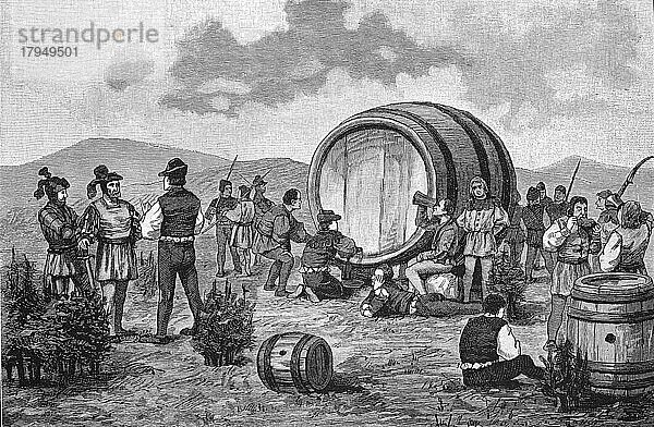 Deutscher Bauernkrieg  1524-1526  Bauernlager auf dem Wachholder mit einem grossen Weinfass  Deutschland  Historisch  digital restaurierte Reproduktion einer Originalvorlage aus dem 19. Jahrhundert  genaues Originaldatum nicht bekannt  Europa