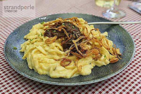 Schwäbische Küche  Käsespätzle mit geschmälzte Zwiebeln  Traditionsrestaurant Zur Forelle  verschiedene Edelfische gebraten  Gaststätte  Essen  Teller  Foodaufnahme  typisch Schwäbisch  Traditionsküche  Ulm  Baden-Württemberg  Deutschland  Europa