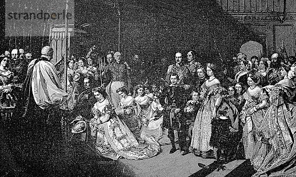 Die Hochzeit von Prinz Wilhelm von Preussen mit der Prinzessin Victoria von England in der Kapelle des St. Jamess Palace in London am 25. Januar 1858  England  historisch  digital restaurierte Reproduktion einer Vorlage aus dem 19. Jahrhundert