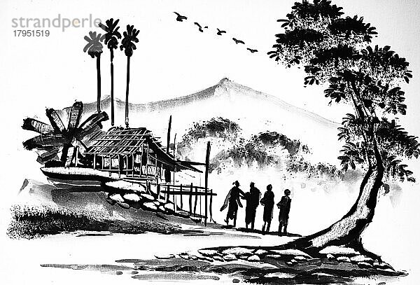 Hütte  Baum  vier Personen  Historische Landschaft in Südostasien  Lackbild aus dem 19. Jahrhundert aus Laos  Historisch  digital restaurierte Reproduktion einer Vorlage aus dem 19. Jahrhundert