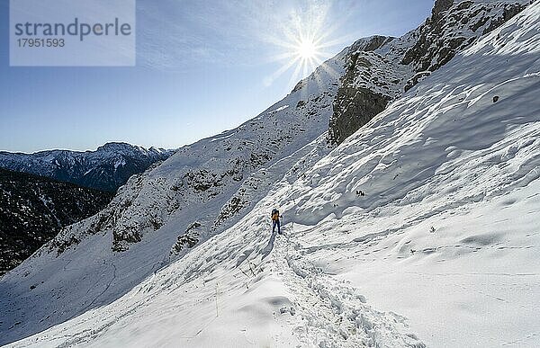 Bergsteiger auf Wanderweg im Winter mit Schnee  Weg zur Ammergauer Hochplatte  Ammergauer Alpen  Bayern  Deutschland  Europa