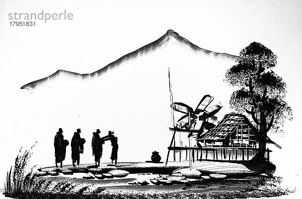 Hütte  Baum  vier Personen  Historische Landschaft in Südostasien  Lackbild aus dem 19. Jahrhundert aus Laos  Historisch  digital restaurierte Reproduktion einer Vorlage aus dem 19. Jahrhundert