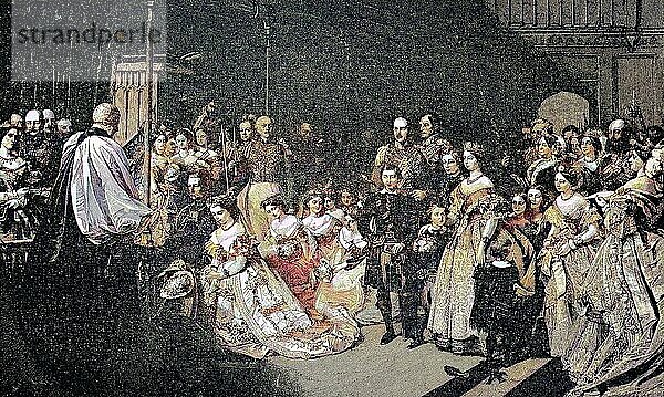 Die Hochzeit von Prinz Wilhelm von Preussen mit der Prinzessin Victoria von England in der Kapelle des St. Jamess Palace in London am 25. Januar 1858  England  Historisch  digitale Reproduktion einer Originalvorlage aus dem 19. Jahrhundert