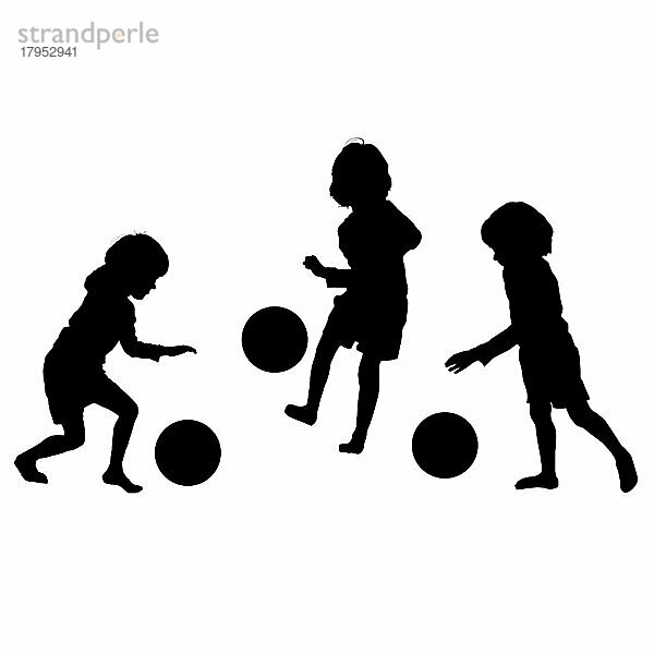 Vektor-Silhouette von Fußball spielenden Kindern  isoliert  gruppierte Objekte auf weißem Hintergrund