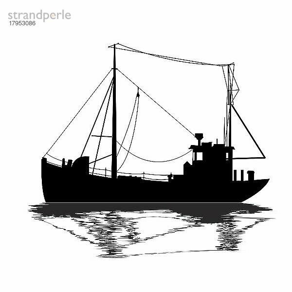 Fischerschiff-Silhouette auf weißem Hintergrund