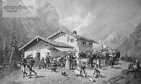 Die Station an der Schwarzbachwacht  Gebirgspass zwischen Reichenhall und Berchtesgaden im Jahre 1879  Bayern  Deutschland  Historisch  digital restaurierte Reproduktion einer Vorlage aus dem 19. Jahrhundert  Europa