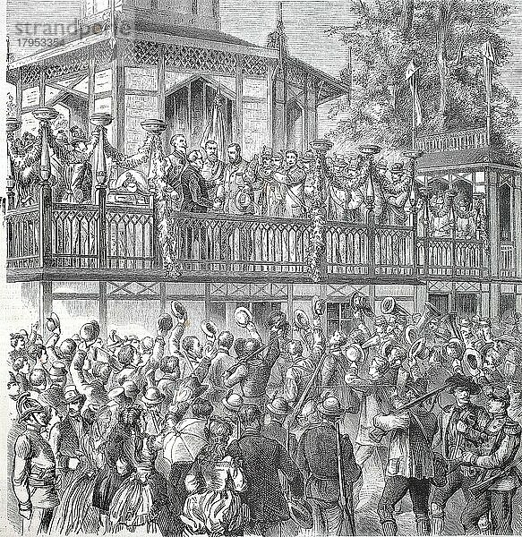 Schützenfest  um 1885  ein traditionelles Fest oder eine Messe mit Scheibenschießen  hier die Verteilung von Preisen und Auszeichnungen in Wien  Österreich  Historisch  digital restaurierte Reproduktion einer Originalvorlage aus dem 19. Jahrhundert  genaues Originaldatum nicht bekannt  Europa